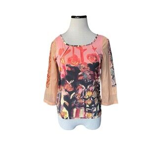 Vintage Save the Queen Italy Floral Mesh Top Size XL Art to Wear Boho Eclectic